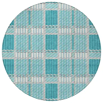 8' Teal Blue Gray And Ivory Round Plaid Washable Indoor Outdoor Area Rug