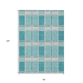 8' X 10' Teal Blue Gray And Ivory Plaid Washable Indoor Outdoor Area Rug