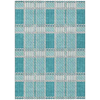 8' X 10' Teal Blue Gray And Ivory Plaid Washable Indoor Outdoor Area Rug