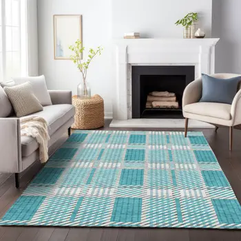 8' X 10' Teal Blue Gray And Ivory Plaid Washable Indoor Outdoor Area Rug