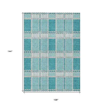 9' X 12' Teal Blue Gray And Ivory Plaid Washable Indoor Outdoor Area Rug
