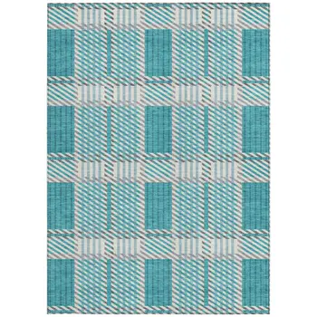 10' X 14' Teal Blue Gray And Ivory Plaid Washable Indoor Outdoor Area Rug