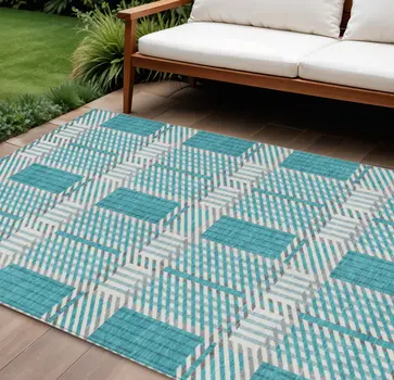 10' X 14' Teal Blue Gray And Ivory Plaid Washable Indoor Outdoor Area Rug