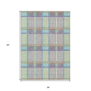 3' X 5' White Purple And Pink Plaid Washable Indoor Outdoor Area Rug