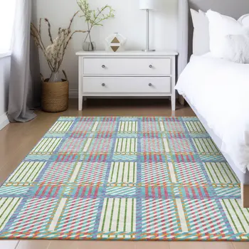 3' X 5' White Purple And Pink Plaid Washable Indoor Outdoor Area Rug