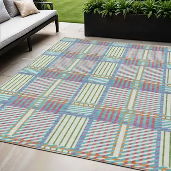 5' X 8' White Purple And Pink Plaid Washable Indoor Outdoor Area Rug