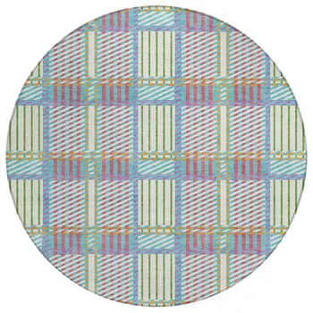 8' White Purple And Pink Round Plaid Washable Indoor Outdoor Area Rug