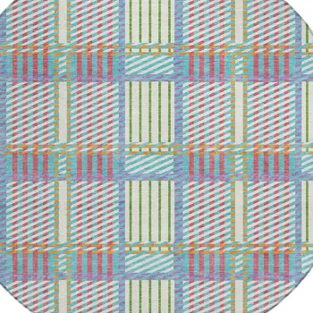 8' White Purple And Pink Round Plaid Washable Indoor Outdoor Area Rug