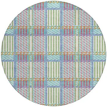 8' White Purple And Pink Round Plaid Washable Indoor Outdoor Area Rug