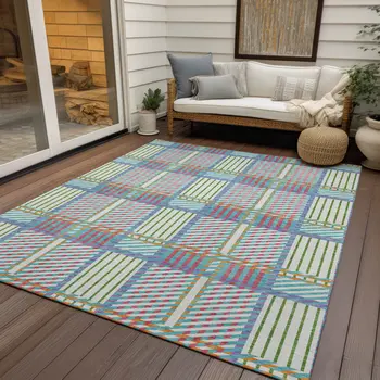 8' X 10' White Purple And Pink Plaid Washable Indoor Outdoor Area Rug