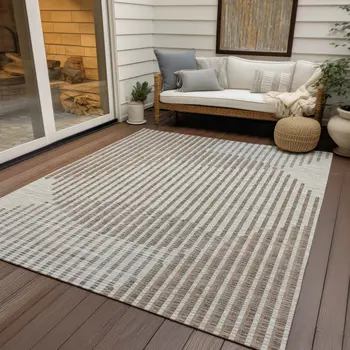 3' X 5' Beige And Ivory Geometric Washable Indoor Outdoor Area Rug
