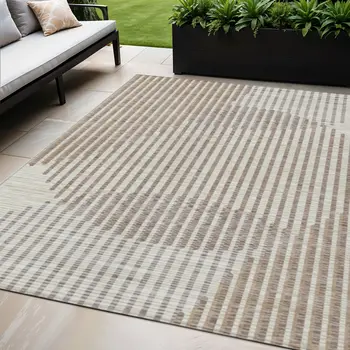 5' X 8' Beige And Ivory Geometric Washable Indoor Outdoor Area Rug