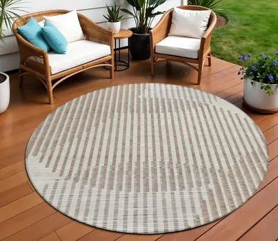 8' Beige And Ivory Round Geometric Washable Indoor Outdoor Area Rug