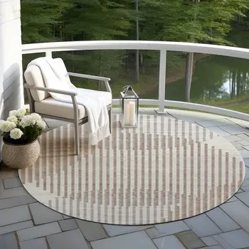 8' Beige And Ivory Round Geometric Washable Indoor Outdoor Area Rug