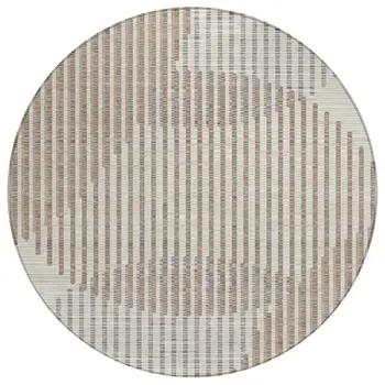 8' Beige And Ivory Round Geometric Washable Indoor Outdoor Area Rug