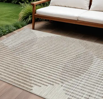 10' X 14' Beige And Ivory Geometric Washable Indoor Outdoor Area Rug