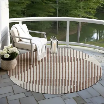 8' Brown And Beige Round Geometric Washable Indoor Outdoor Area Rug