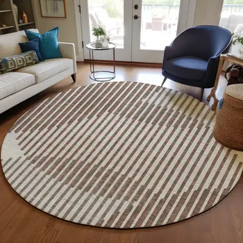 8' Brown And Beige Round Geometric Washable Indoor Outdoor Area Rug