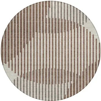 8' Brown And Beige Round Geometric Washable Indoor Outdoor Area Rug