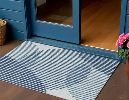 3' X 5' Blue And Ivory Geometric Washable Indoor Outdoor Area Rug