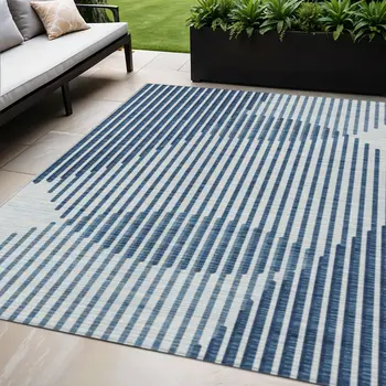 5' X 8' Blue And Ivory Geometric Washable Indoor Outdoor Area Rug
