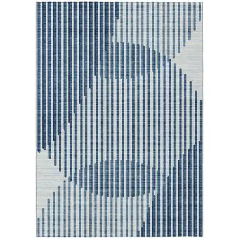 5' X 8' Blue And Ivory Geometric Washable Indoor Outdoor Area Rug