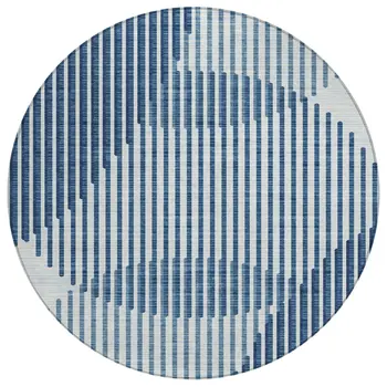 8' Blue And Ivory Round Geometric Washable Indoor Outdoor Area Rug