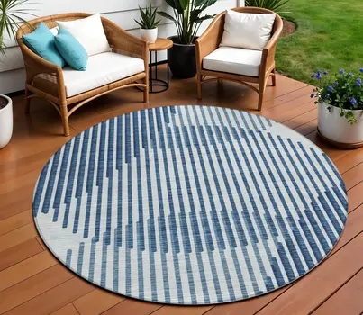 8' Blue And Ivory Round Geometric Washable Indoor Outdoor Area Rug