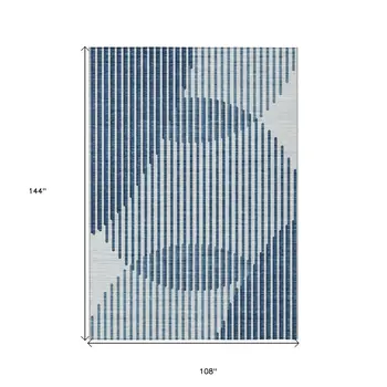 9' X 12' Blue And Ivory Geometric Washable Indoor Outdoor Area Rug