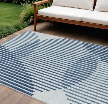 9' X 12' Blue And Ivory Geometric Washable Indoor Outdoor Area Rug