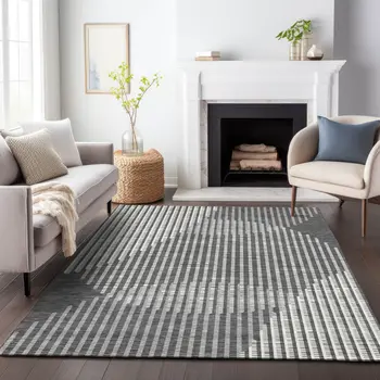 5' X 8' Charcoal And Ivory Geometric Washable Indoor Outdoor Area Rug