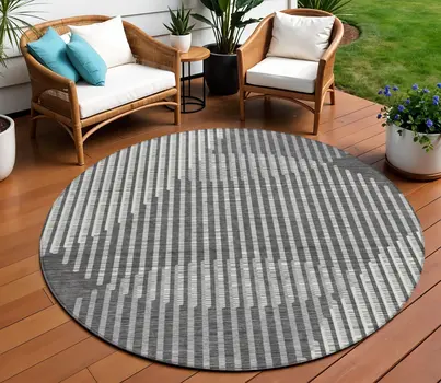 8' Charcoal And Ivory Round Geometric Washable Indoor Outdoor Area Rug