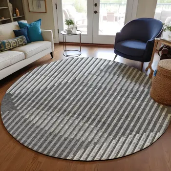 8' Charcoal And Ivory Round Geometric Washable Indoor Outdoor Area Rug