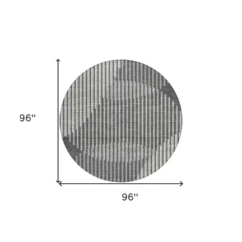 8' Charcoal And Ivory Round Geometric Washable Indoor Outdoor Area Rug
