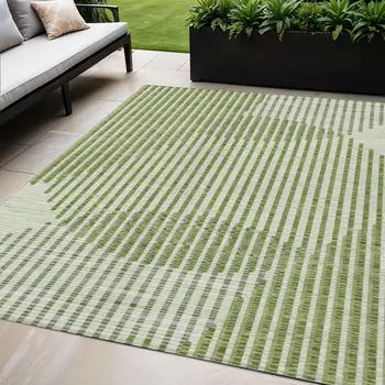 5' X 8' Green And Ivory Geometric Washable Indoor Outdoor Area Rug