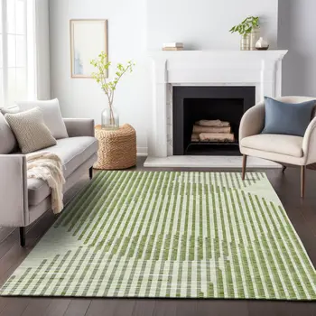 9' X 12' Green And Ivory Geometric Washable Indoor Outdoor Area Rug