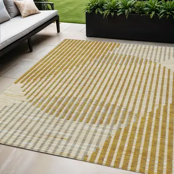 5' X 8' Gold And Beige Geometric Washable Indoor Outdoor Area Rug