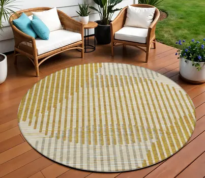 8' Gold And Beige Round Geometric Washable Indoor Outdoor Area Rug