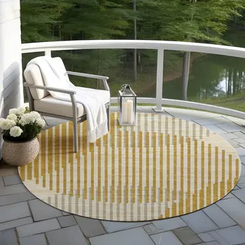 8' Gold And Beige Round Geometric Washable Indoor Outdoor Area Rug
