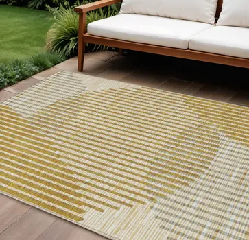 9' X 12' Gold And Beige Geometric Washable Indoor Outdoor Area Rug