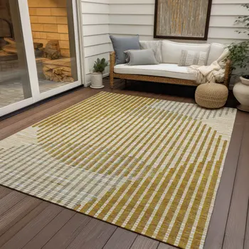 9' X 12' Gold And Beige Geometric Washable Indoor Outdoor Area Rug