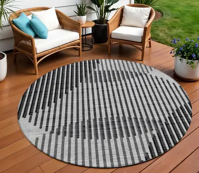 8' Gray And Black Round Geometric Washable Indoor Outdoor Area Rug