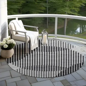 8' Gray And Black Round Geometric Washable Indoor Outdoor Area Rug