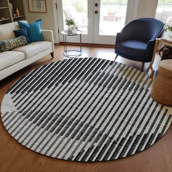 8' Gray And Black Round Geometric Washable Indoor Outdoor Area Rug