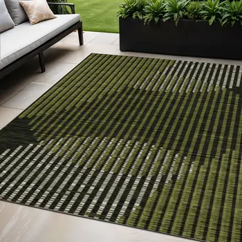5' X 8' Olive Green And Black Geometric Washable Indoor Outdoor Area Rug