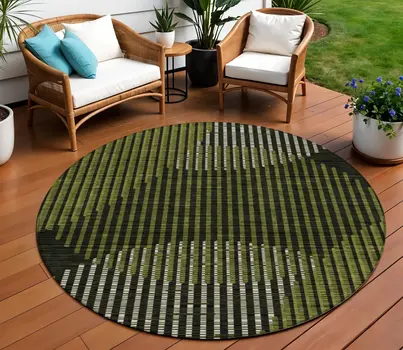 8' Olive Green And Black Round Geometric Washable Indoor Outdoor Area Rug