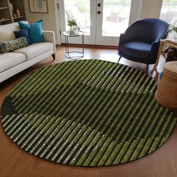 8' Olive Green And Black Round Geometric Washable Indoor Outdoor Area Rug