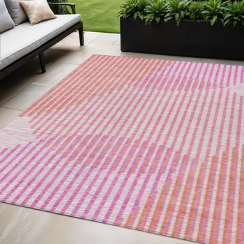5' X 8' Pink Copper And Ivory Geometric Washable Indoor Outdoor Area Rug