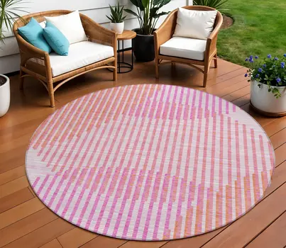 8' Pink Copper And Ivory Round Geometric Washable Indoor Outdoor Area Rug