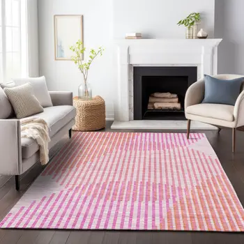 8' X 10' Pink Copper And Ivory Geometric Washable Indoor Outdoor Area Rug